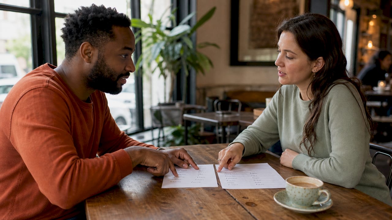 Couple comparing handwritten value lists together