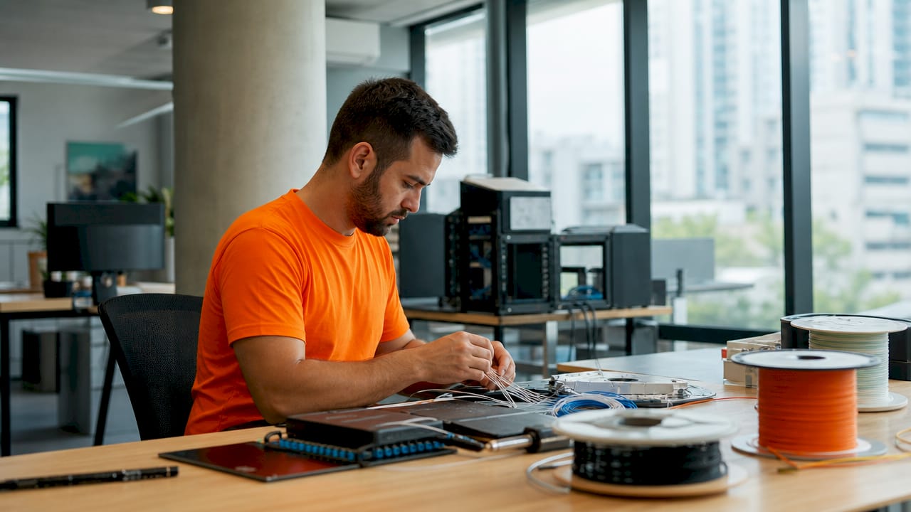 Hands connecting fiber optic cables in data center