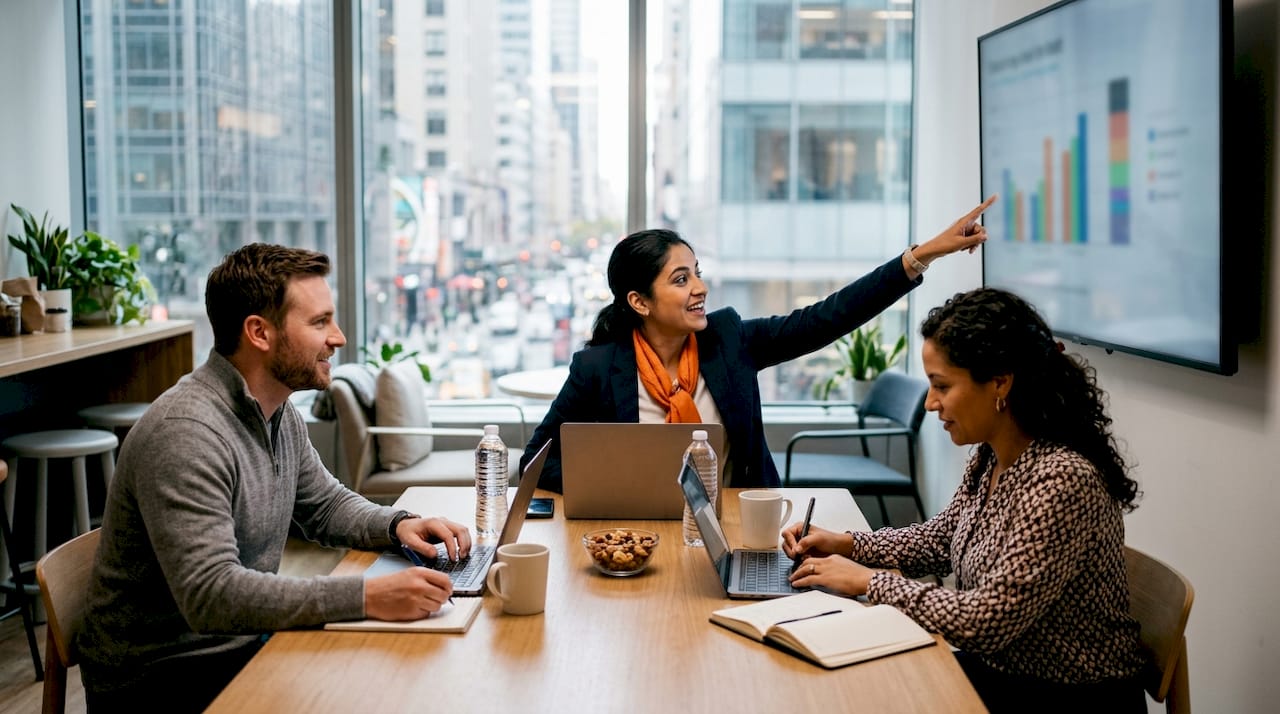 Diverse team collaborating around table with video call
