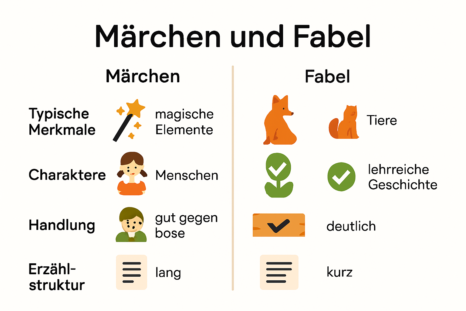 Infografik: Unterschiede Märchen und Fabel auf einen Blick