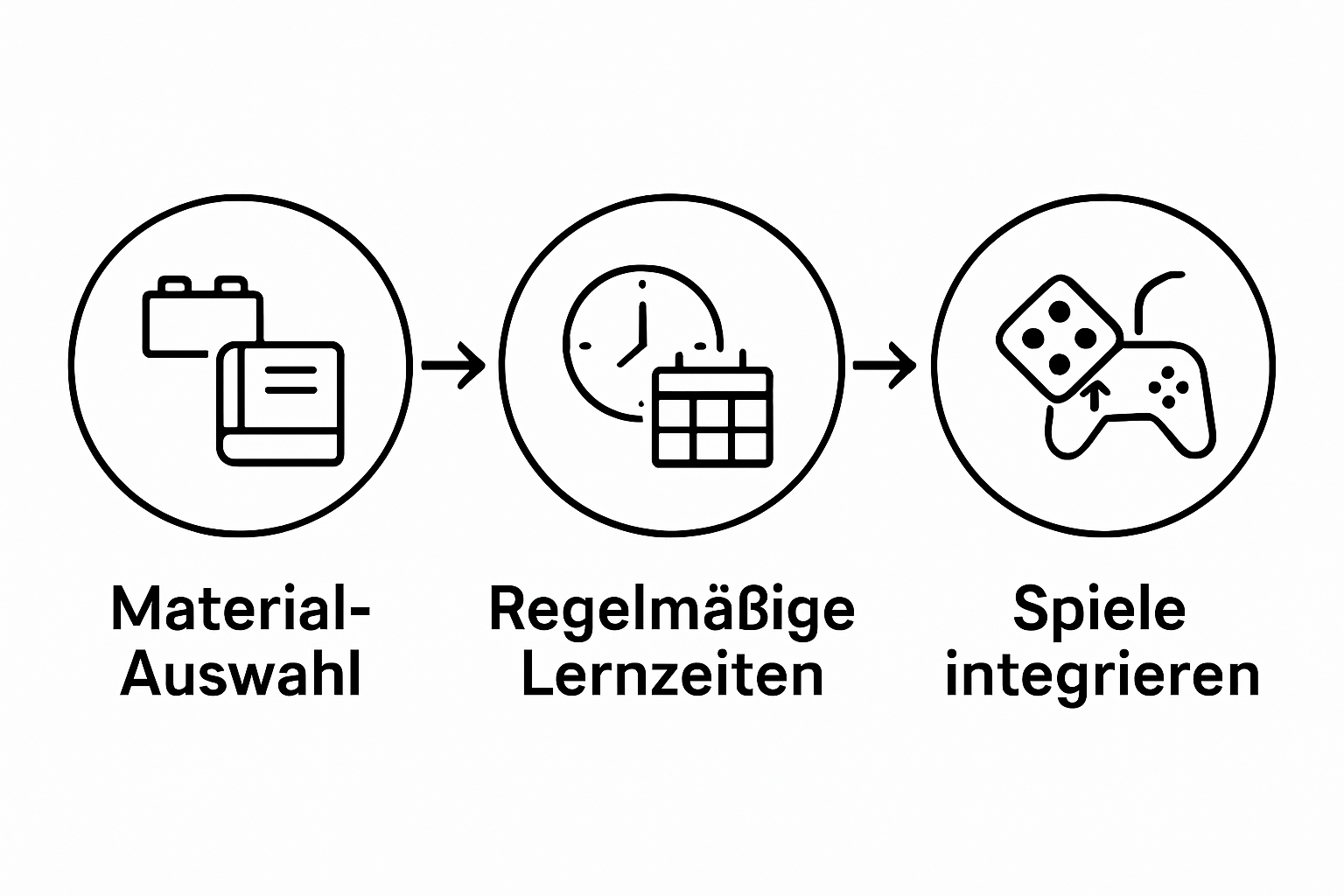 Infographic showing the workflow: Materialien aussuchen, Lernzeiten planen, Spiele integrieren