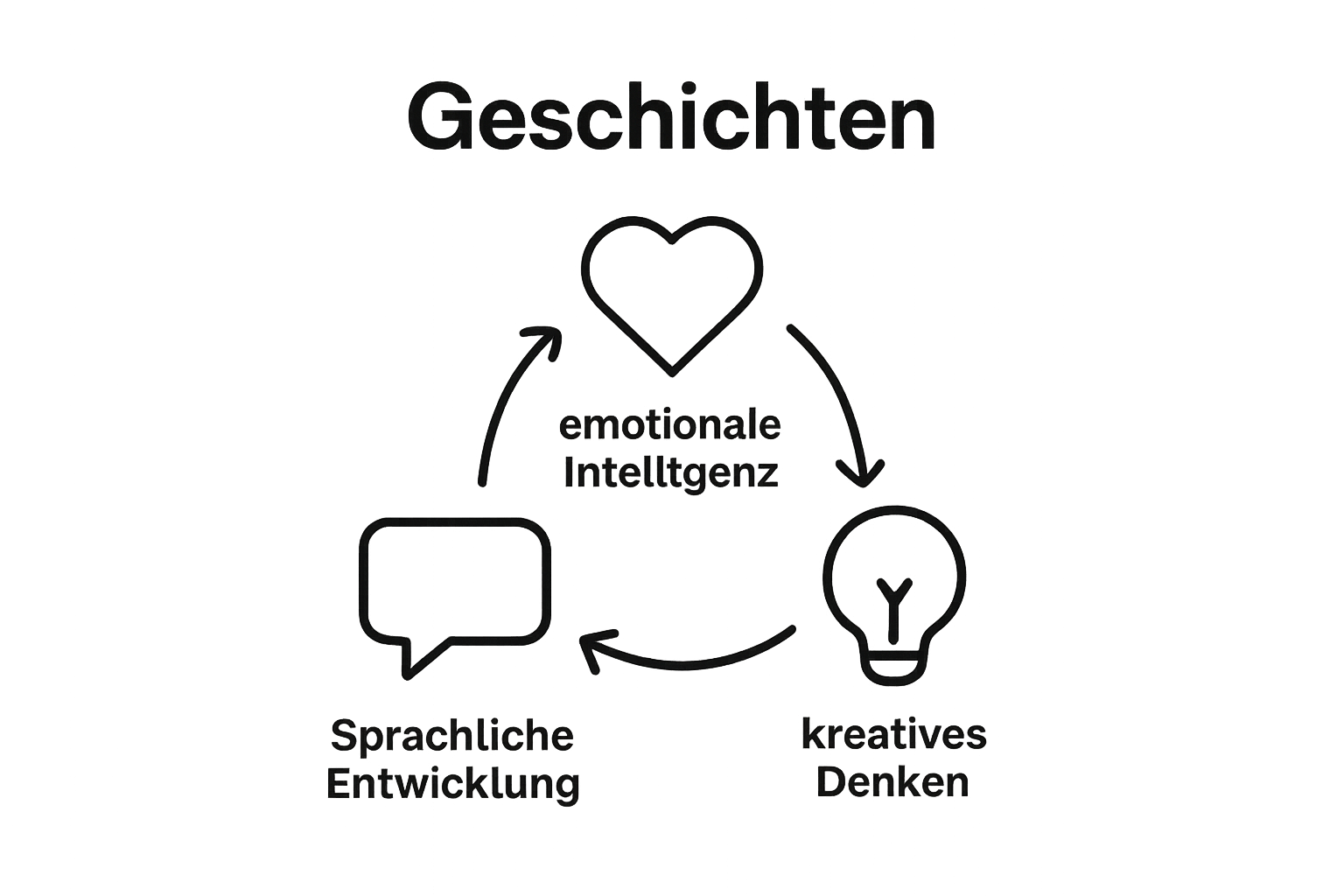 Infographic showing three icons: speech bubble, heart, and lightbulb, illustrating child development benefits of stories.