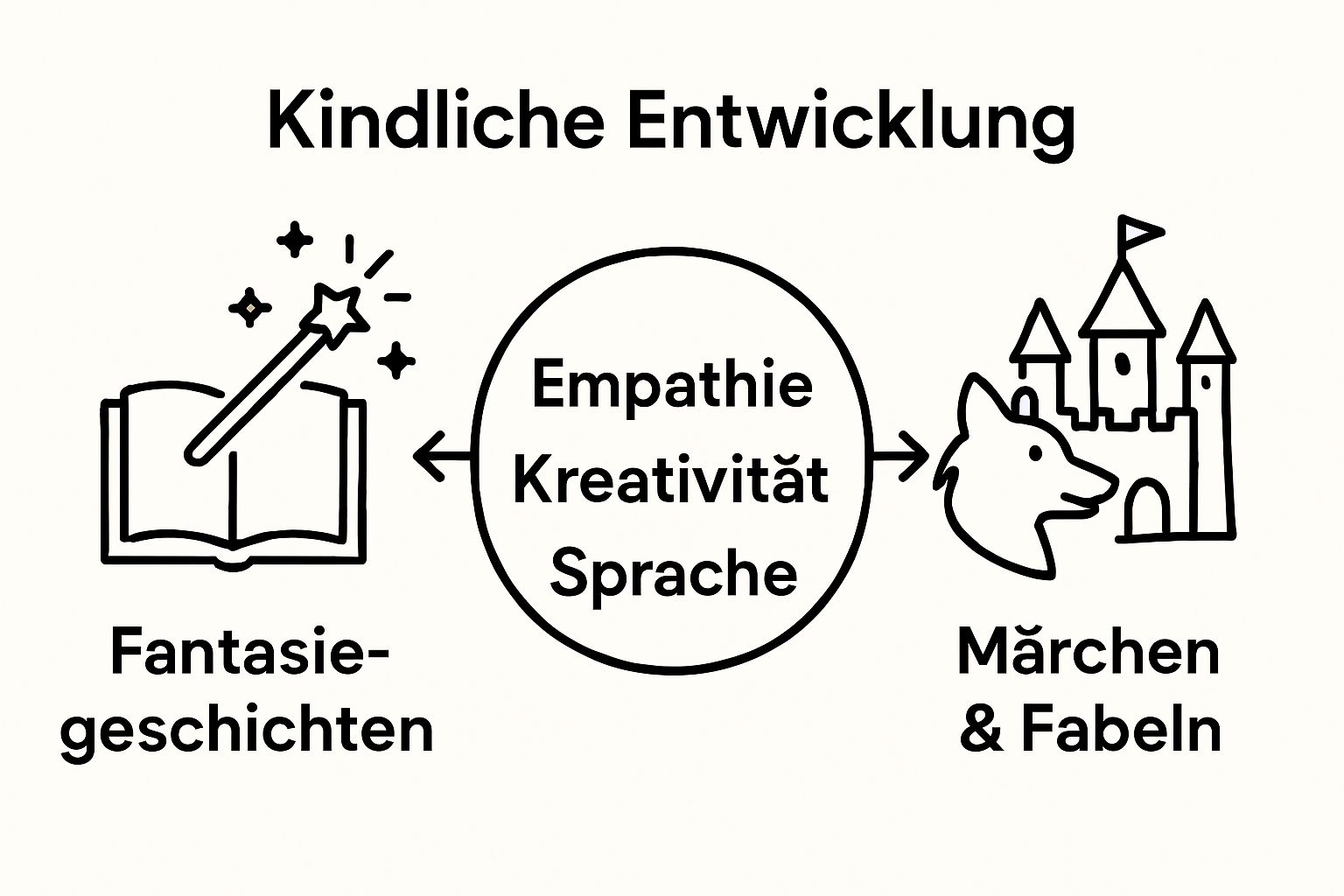 Infographic comparing Fantasiegeschichten, Märchen und Fabeln und deren Wirkungen auf Kinder