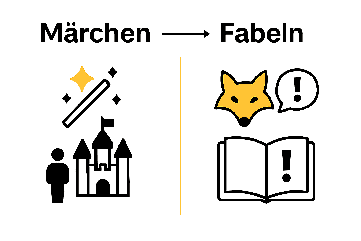 Vergleich zwischen Märchen und Fabeln mit Icons für Mensch, Magie und Tiere