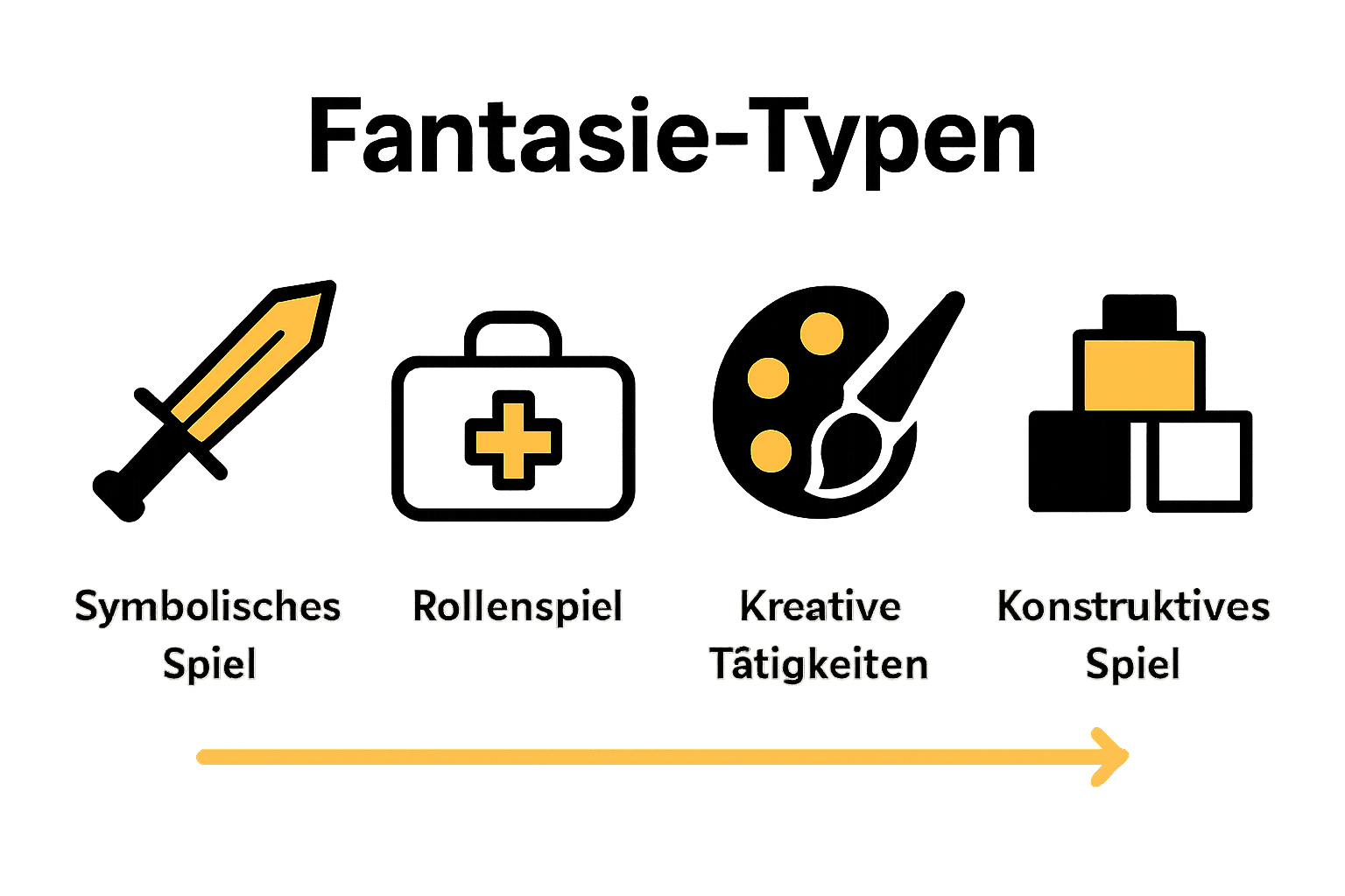 Vier Icons zu Fantasietypen: Zauberschwert, Arztkoffer, Farbpalette, Bauklötze