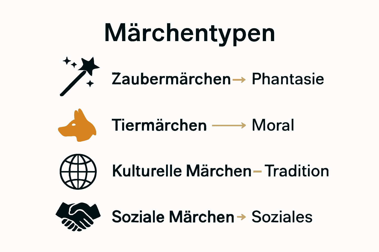 Vergleich der vier wichtigsten Märchentypen mit Symbolen und Lernzielen