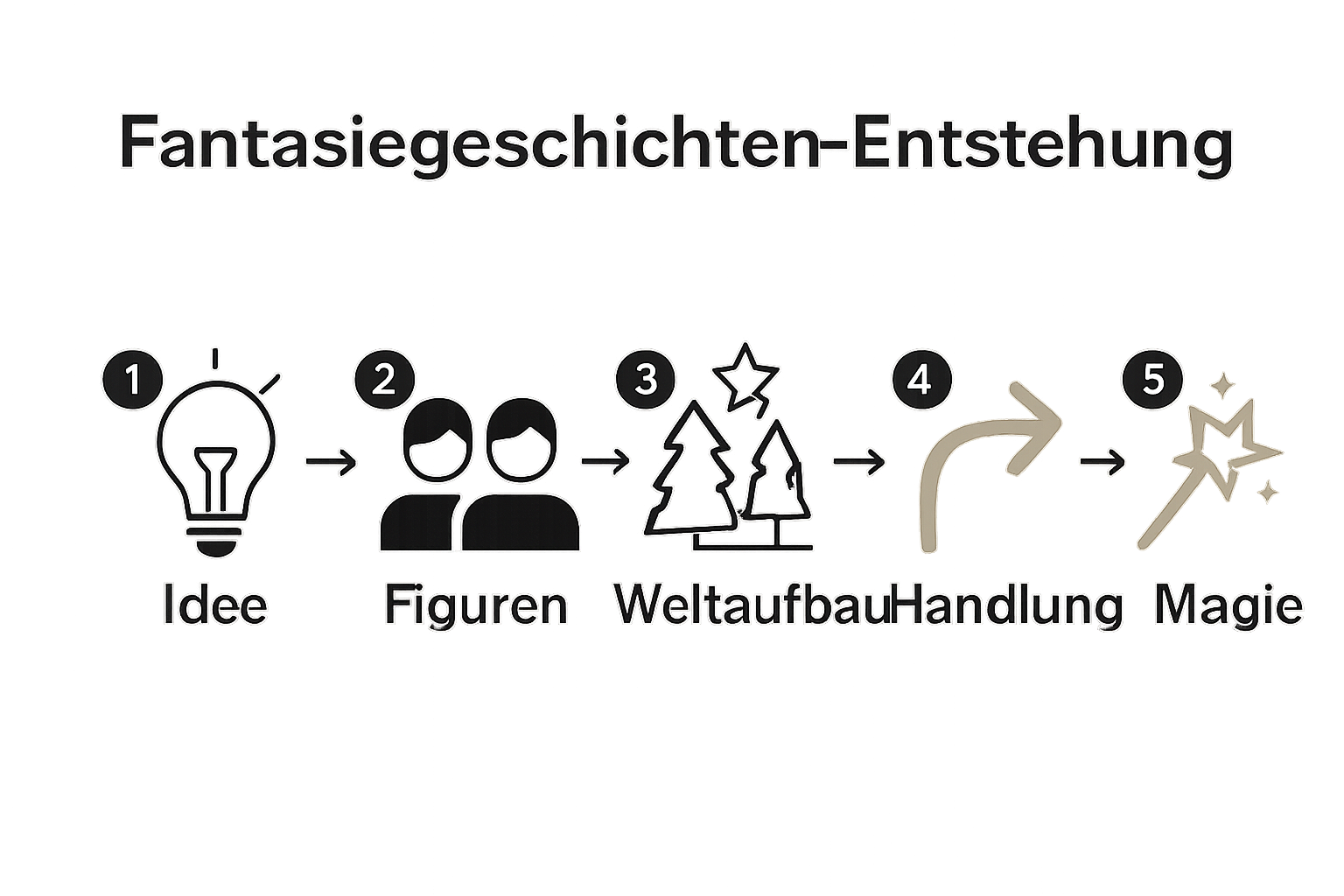 Infografik zum Entstehungsprozess einer Fantasiegeschichte mit fünf Schritten