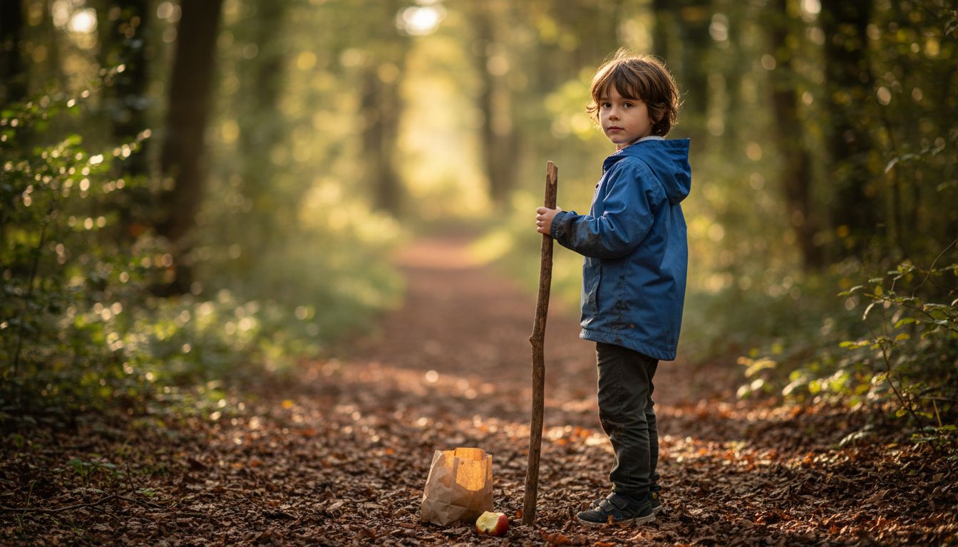 Child looks at forest path with hope