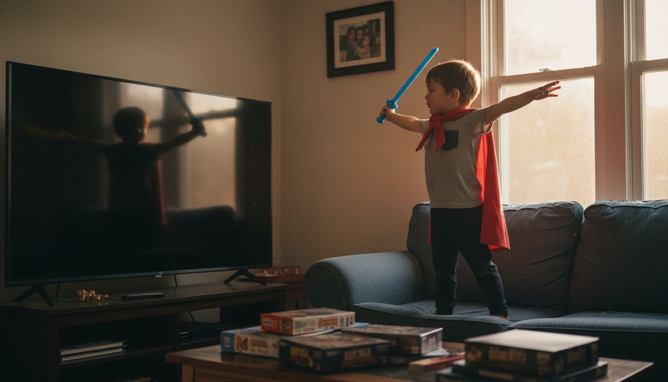 Boy in superhero cape pretending on couch
