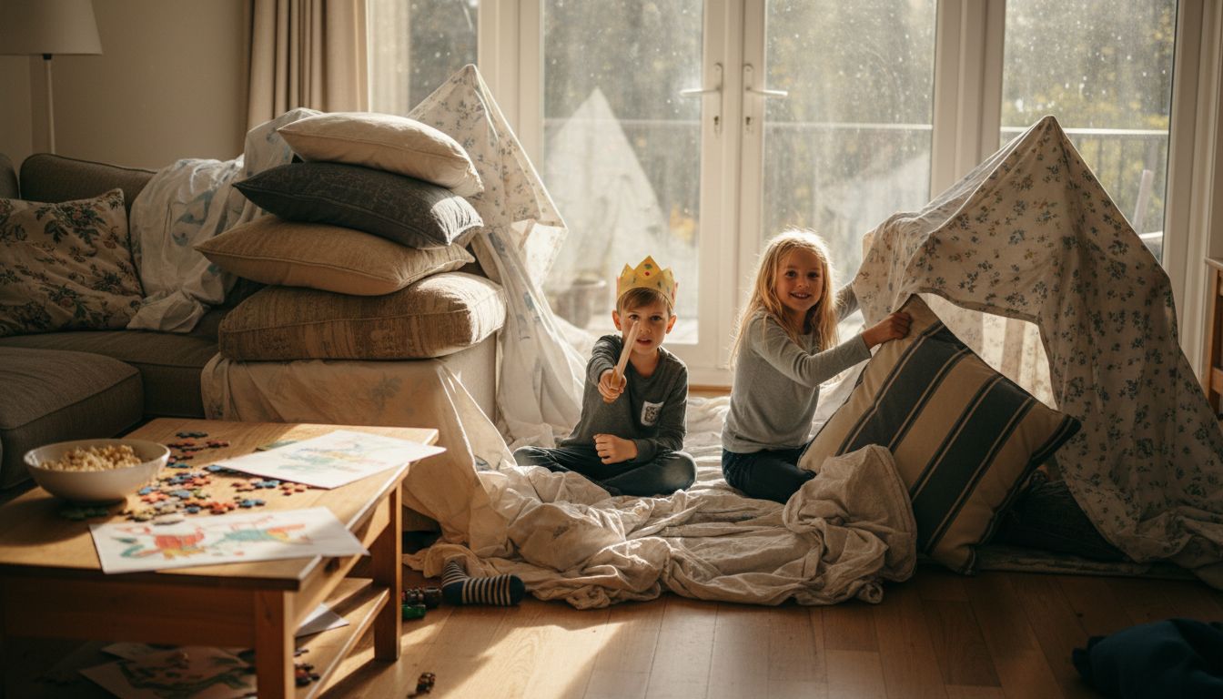 Children build fantasy castle at home