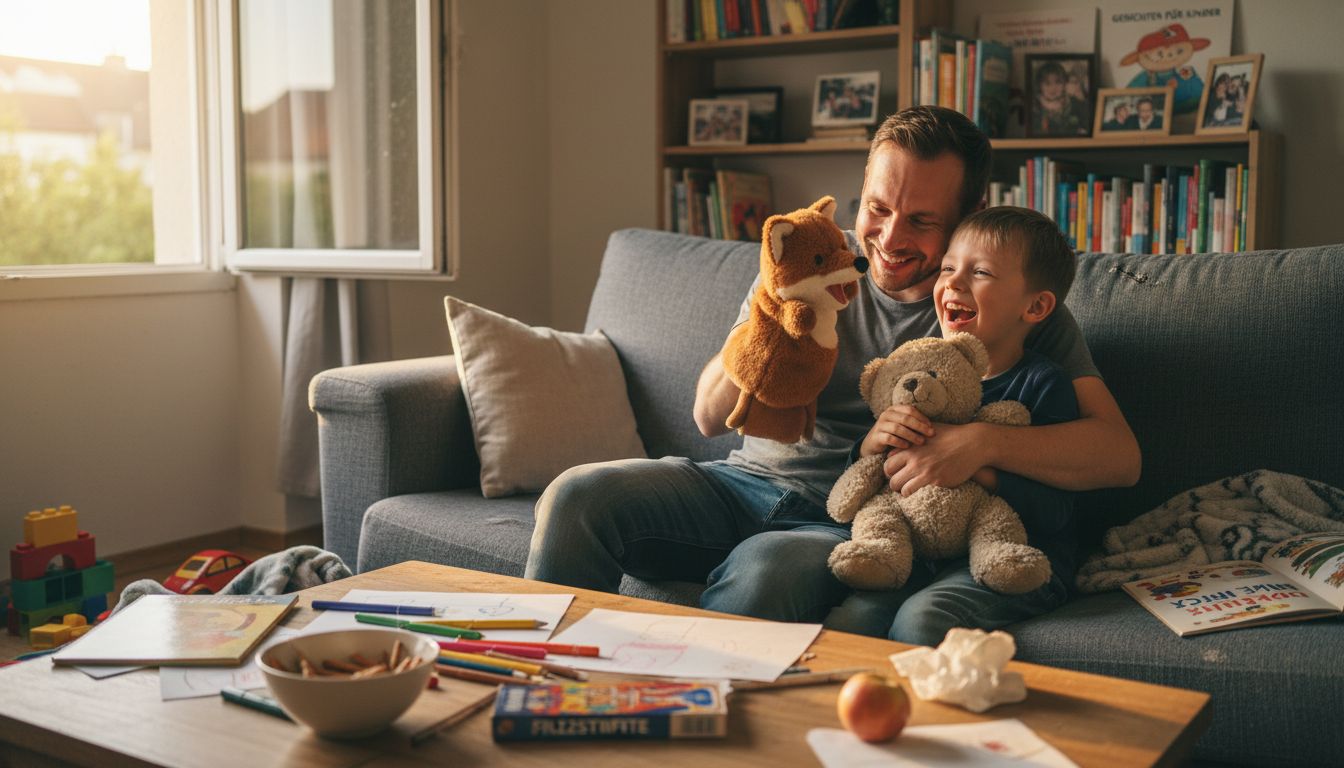Ein Vater und sein Sohn erzählen gemeinsam Geschichten mit Handpuppen.