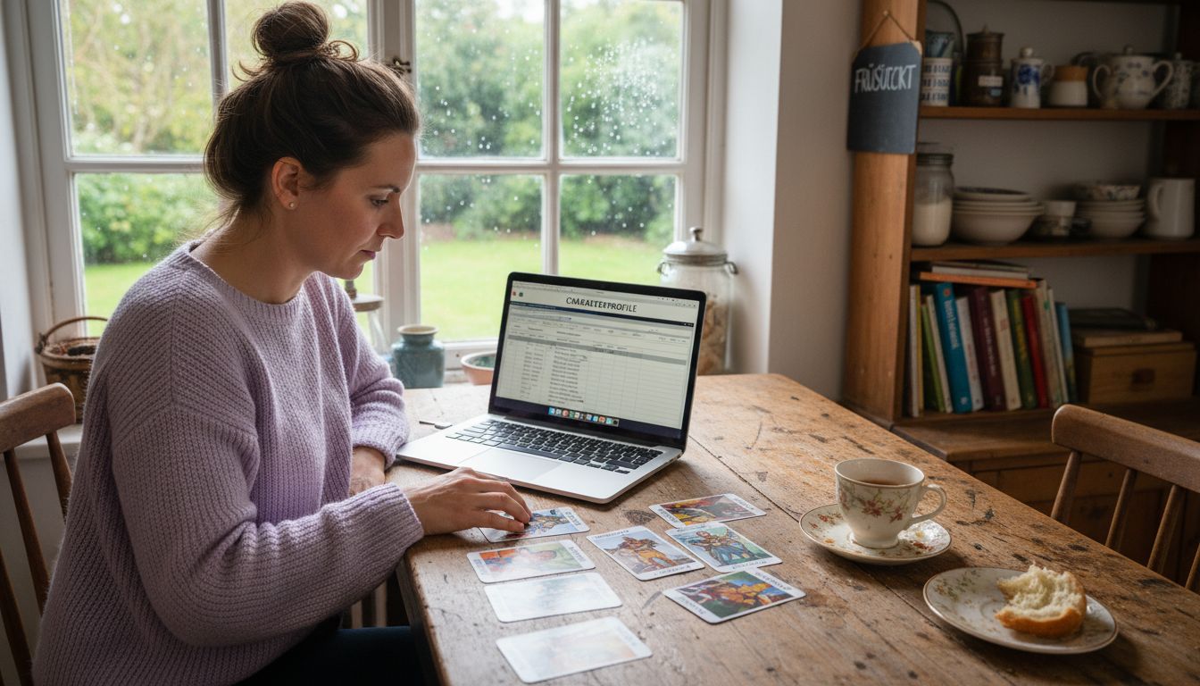 Eine Frau sitzt am Laptop und stellt die Figuren für ihr eigenes Märchen zusammen.