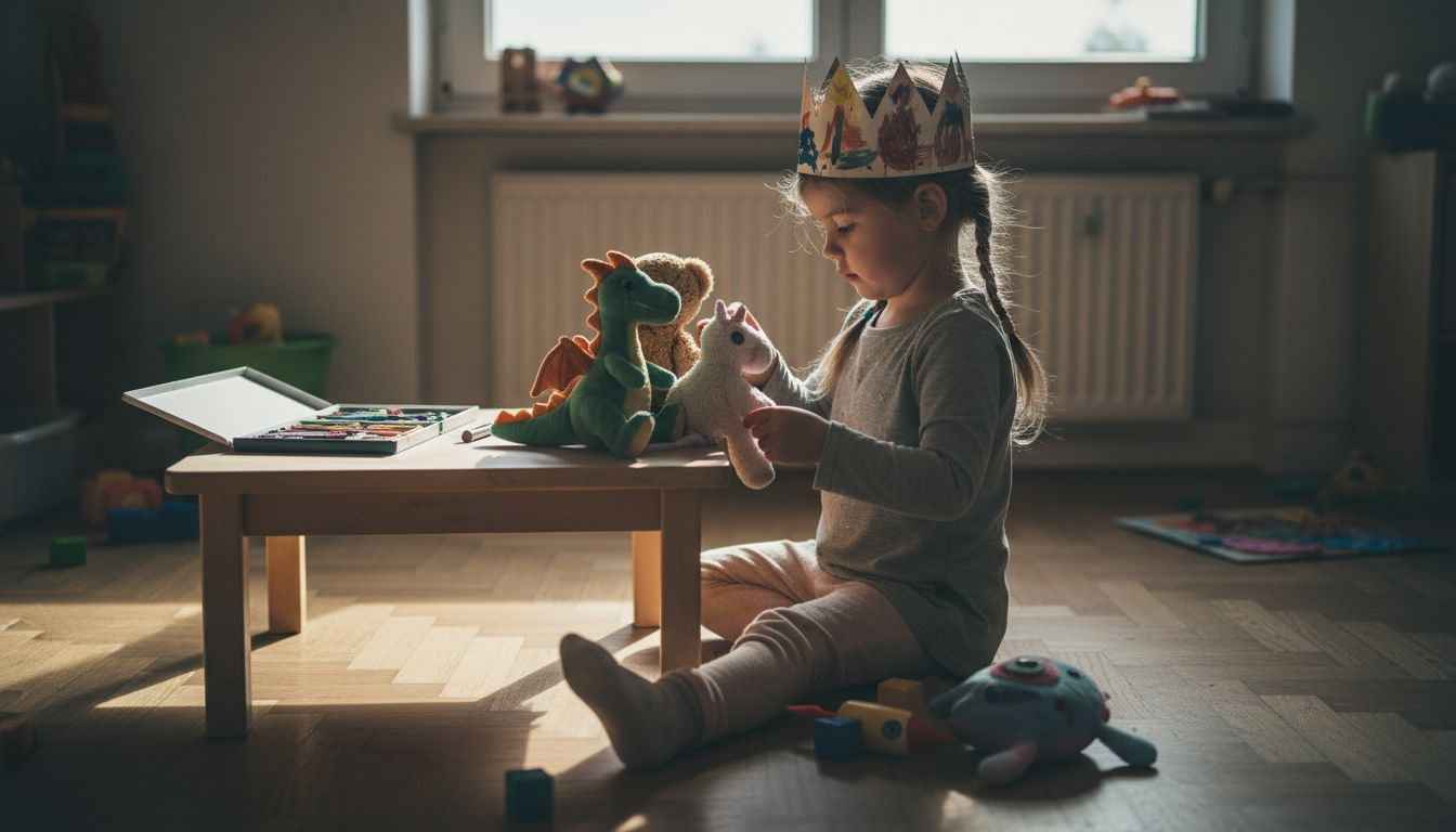 Im Kinderzimmer denkt sich ein Kind fantasievolle Rollenspiele mit seinen Kuscheltieren aus.
