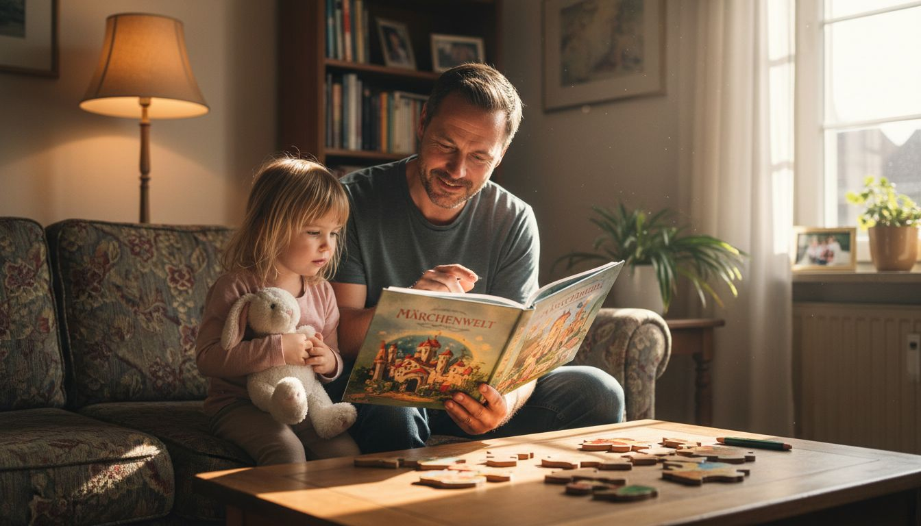 Ein Vater unterhält sich mit seiner Tochter über ein Märchenbuch.