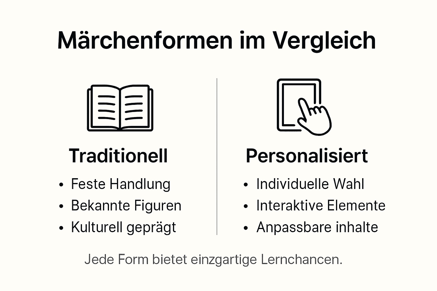 Eine anschauliche Infografik zeigt die Unterschiede zwischen klassischen und individuell gestalteten Märchen auf.