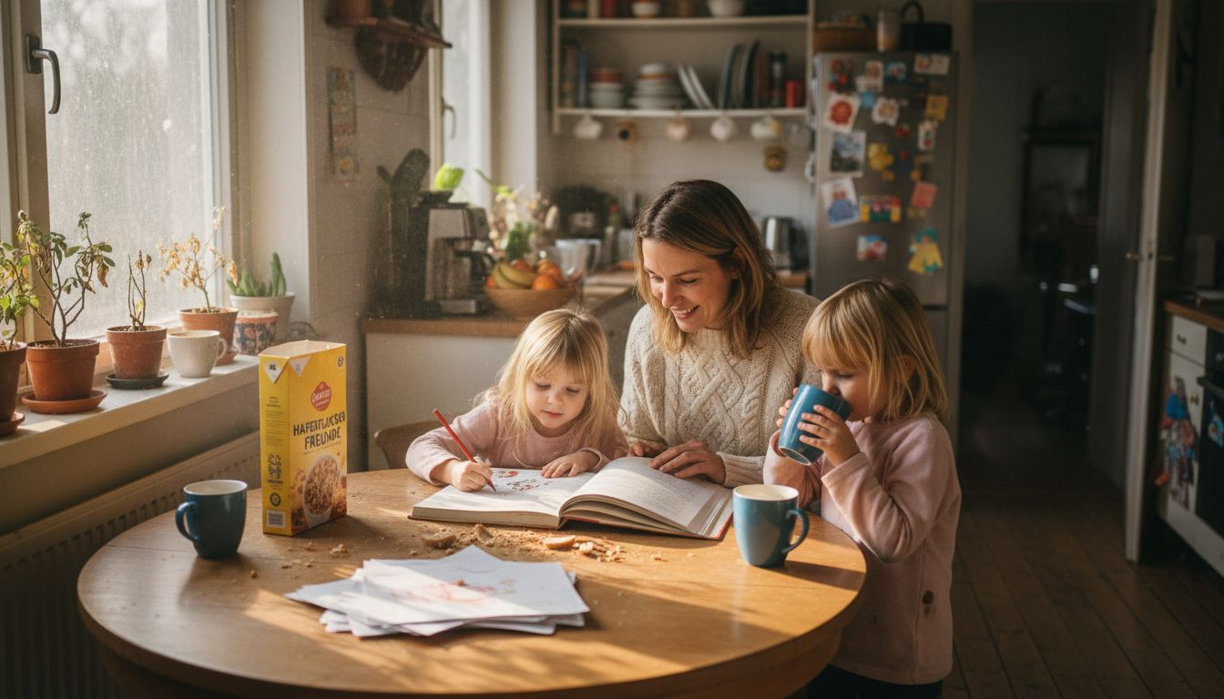 Am Küchentisch sitzt eine Mutter und liest ihren Töchtern eine Geschichte vor.