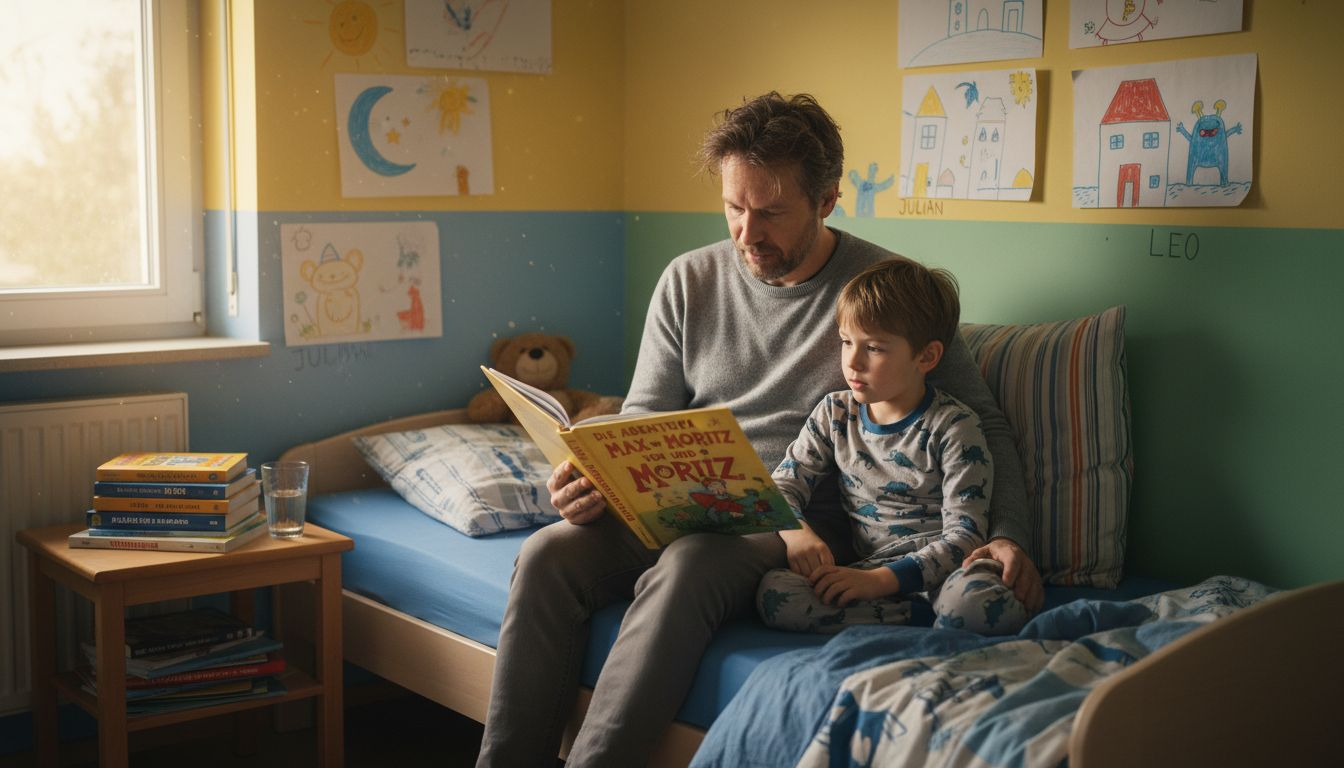 Ein Vater liest seinem Kind im Kinderzimmer eine Geschichte vor, die Mut macht.