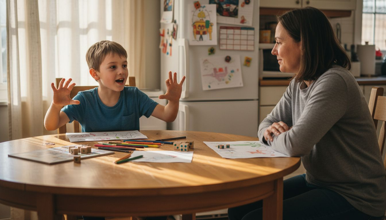 Beim Abendessen erzählt das Kind seiner Mutter eine Geschichte aus seinem Alltag.
