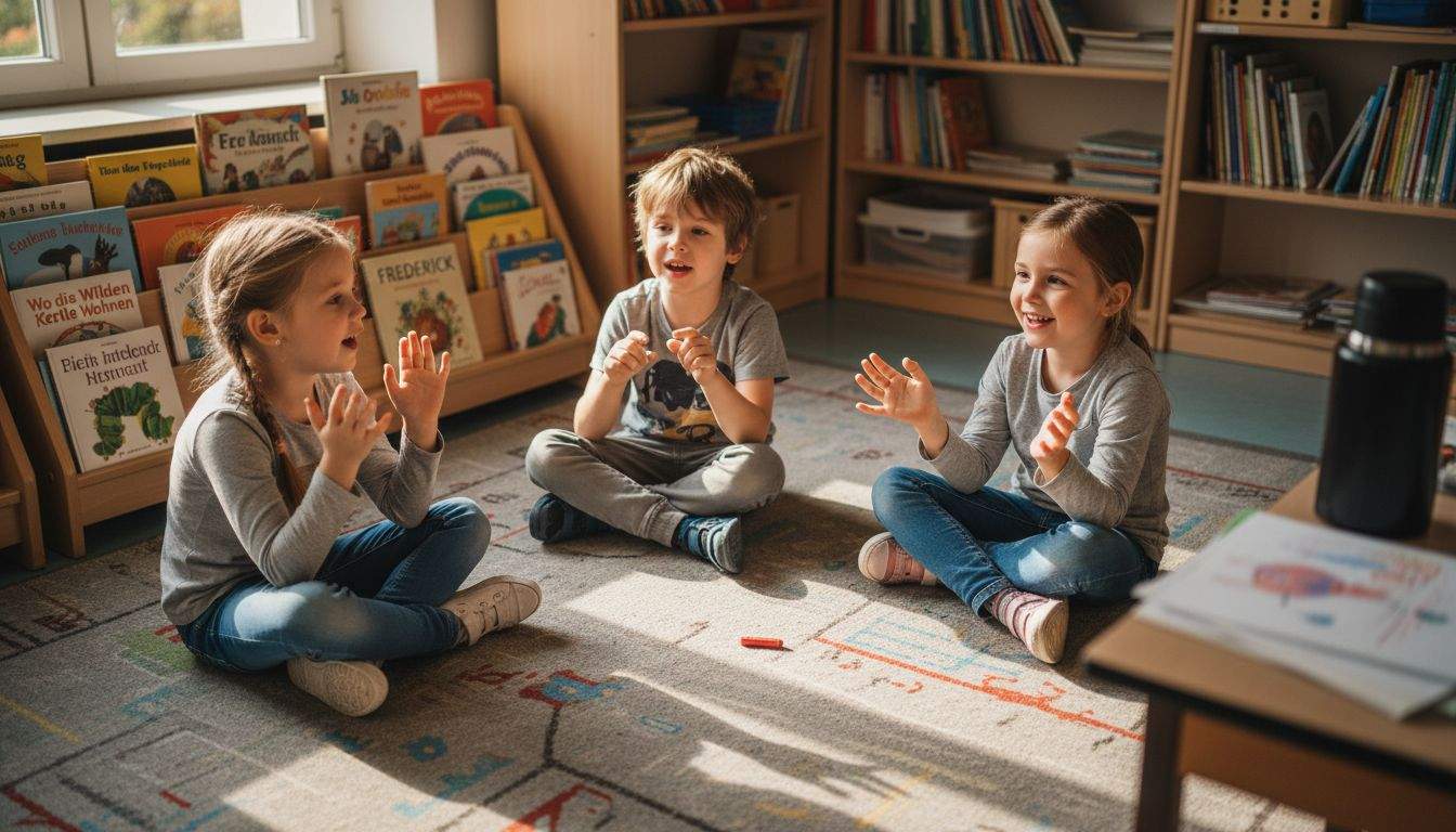 Im Gruppenraum spinnen die Kinder gemeinsam fantasievolle Geschichten und lassen ihrer Kreativität freien Lauf.
