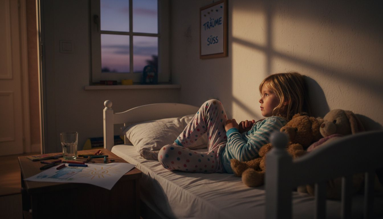 Ein fantasievolles Kind liegt kurz vor dem Einschlafen in seinem gemütlichen Zimmer und träumt sich in die schönsten Abenteuer.