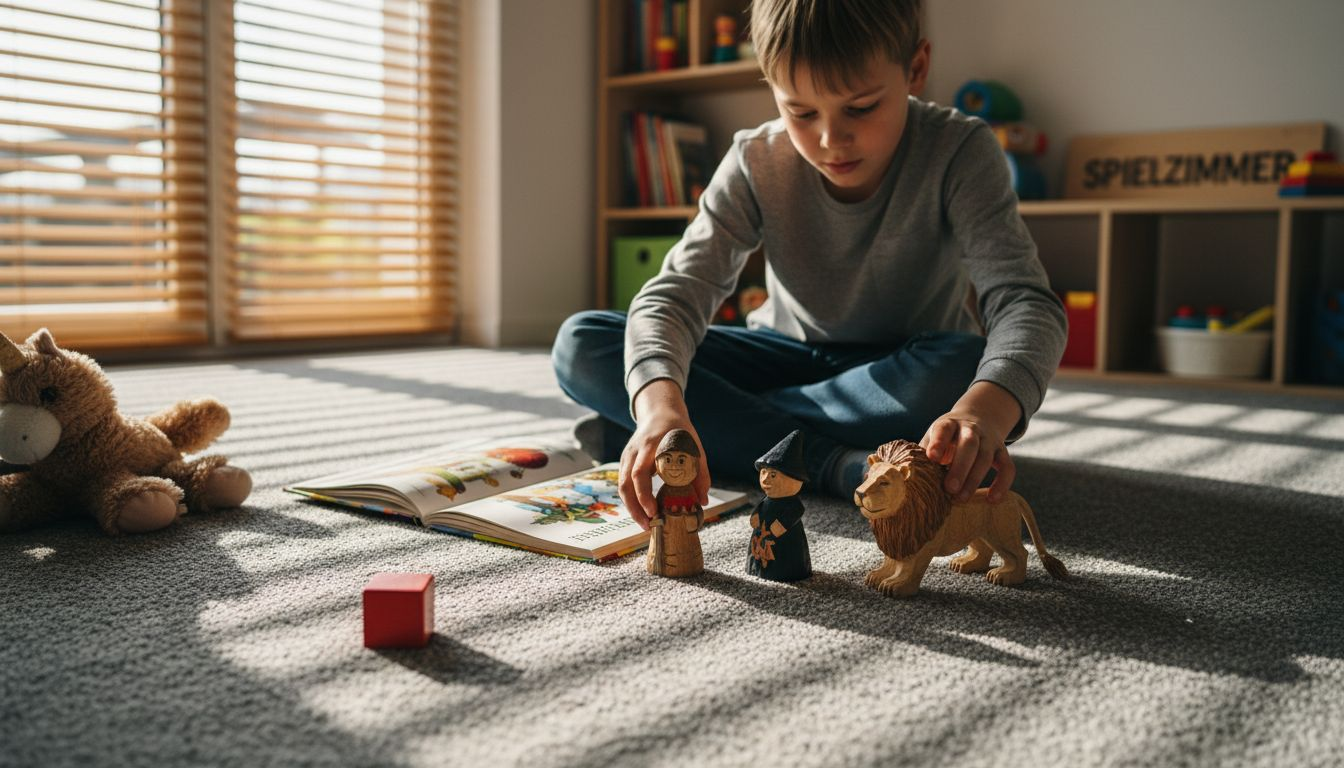 Ein Kind sitzt auf dem Teppich und taucht spielerisch in die Welt der Märchenfiguren ein.