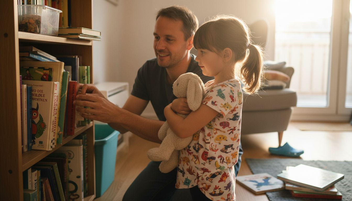 Father and daughter choosing book at home