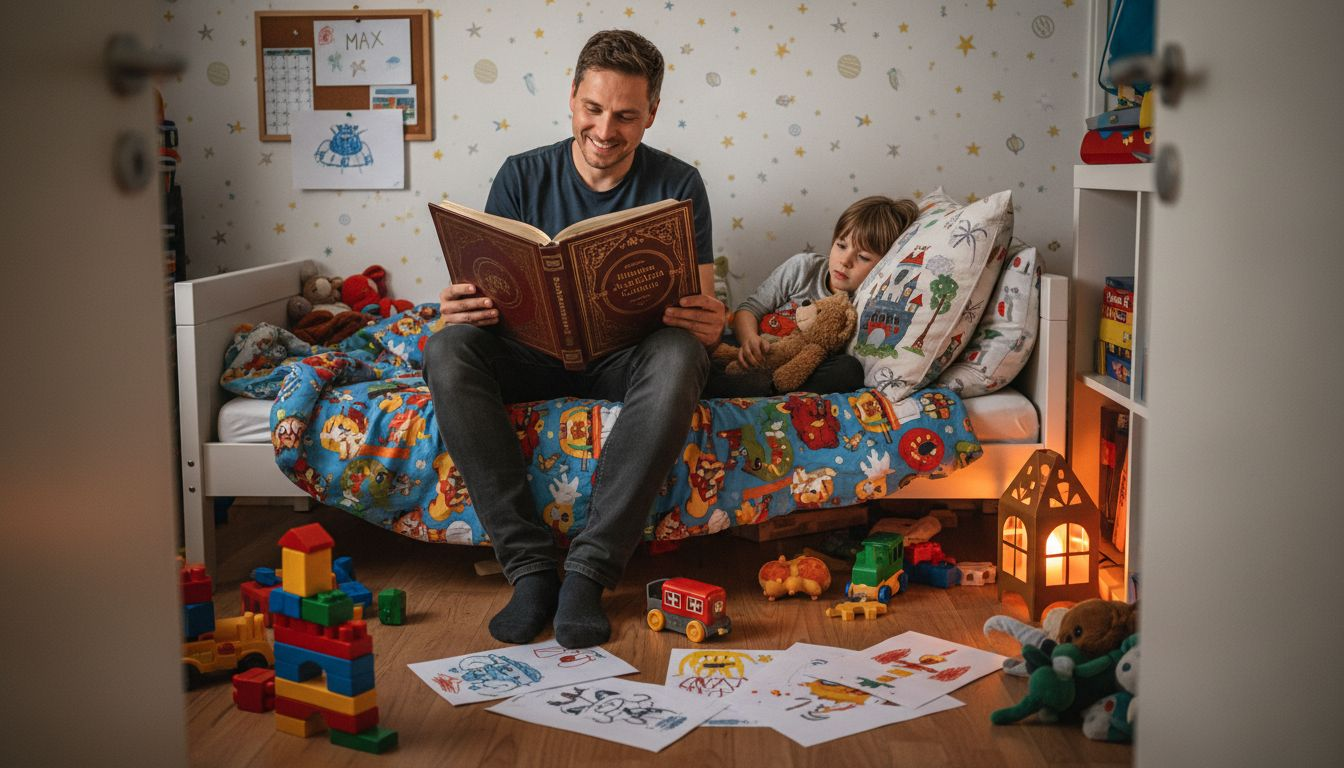 Im kuscheligen Kinderzimmer liest Papa seinem Kind Märchen vor.