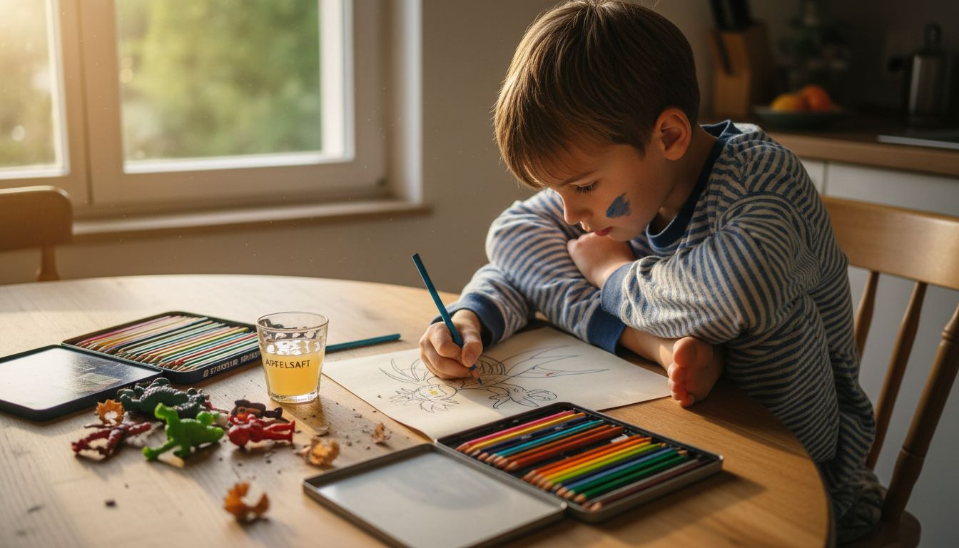 Ein Junge entwirft eine eigene Figur für seine selbst ausgedachte Geschichte.