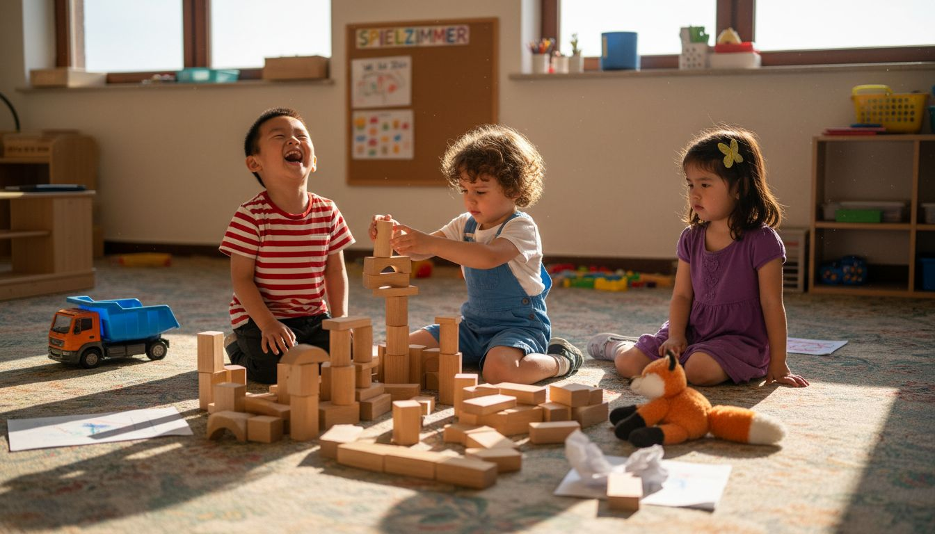 Kinder unterschiedlicher Herkunft bauen gemeinsam im Klassenraum mit Bauklötzen.