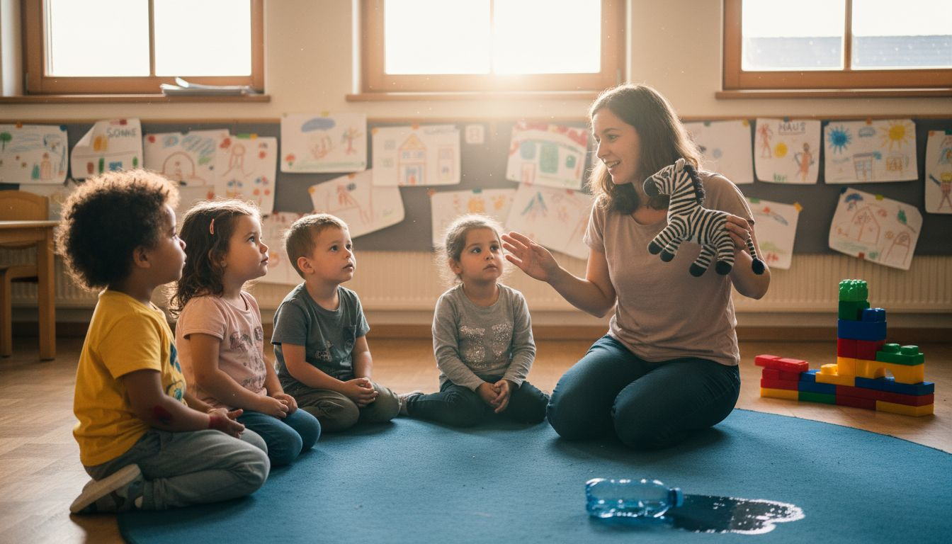 Die Erzieherin sitzt mit den Kindern im Kreis und erzählt ihnen eine spannende Geschichte.
