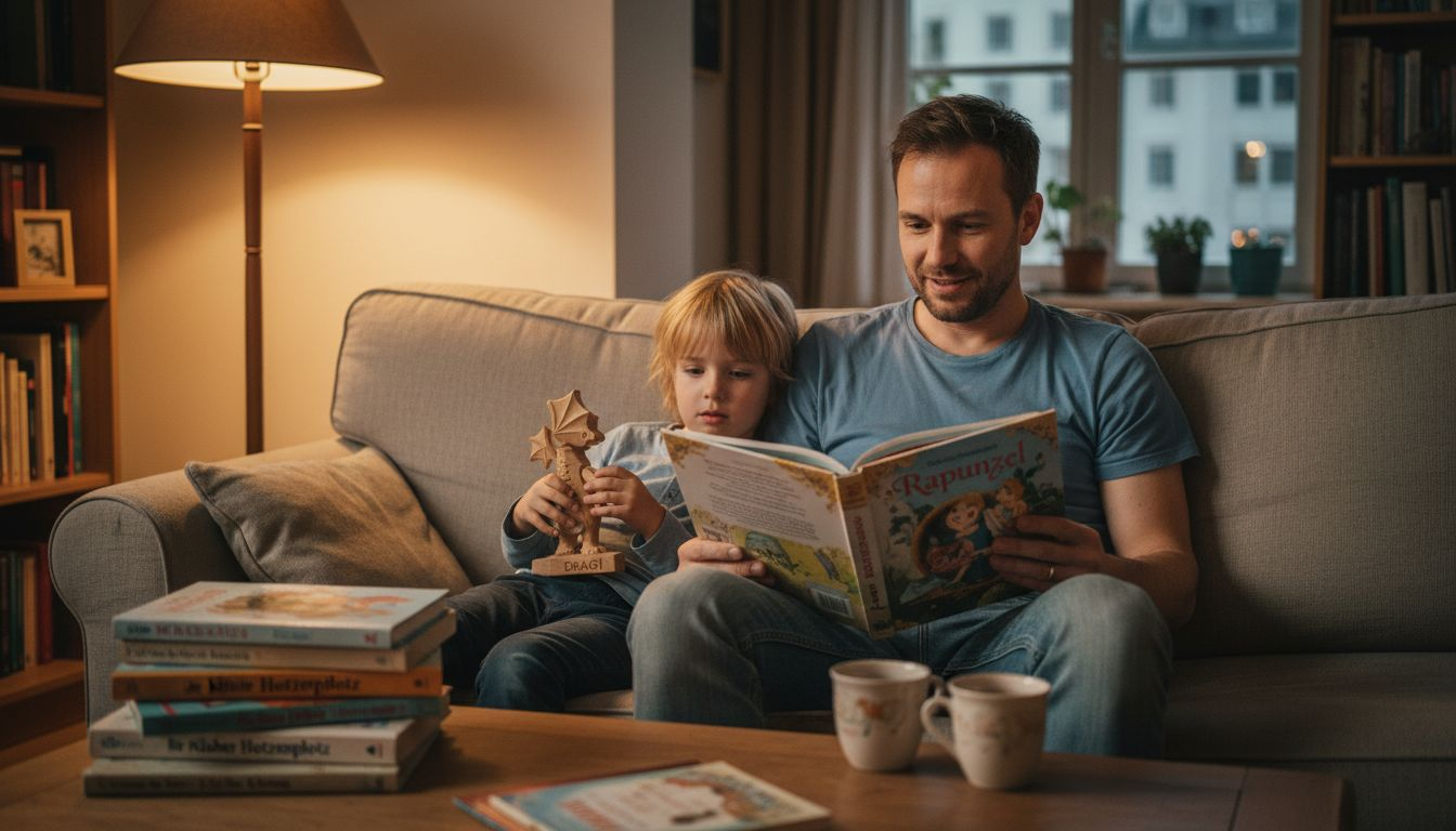 Ein Vater sitzt mit seinem Sohn gemütlich auf dem Sofa und liest ihm Märchen vor.