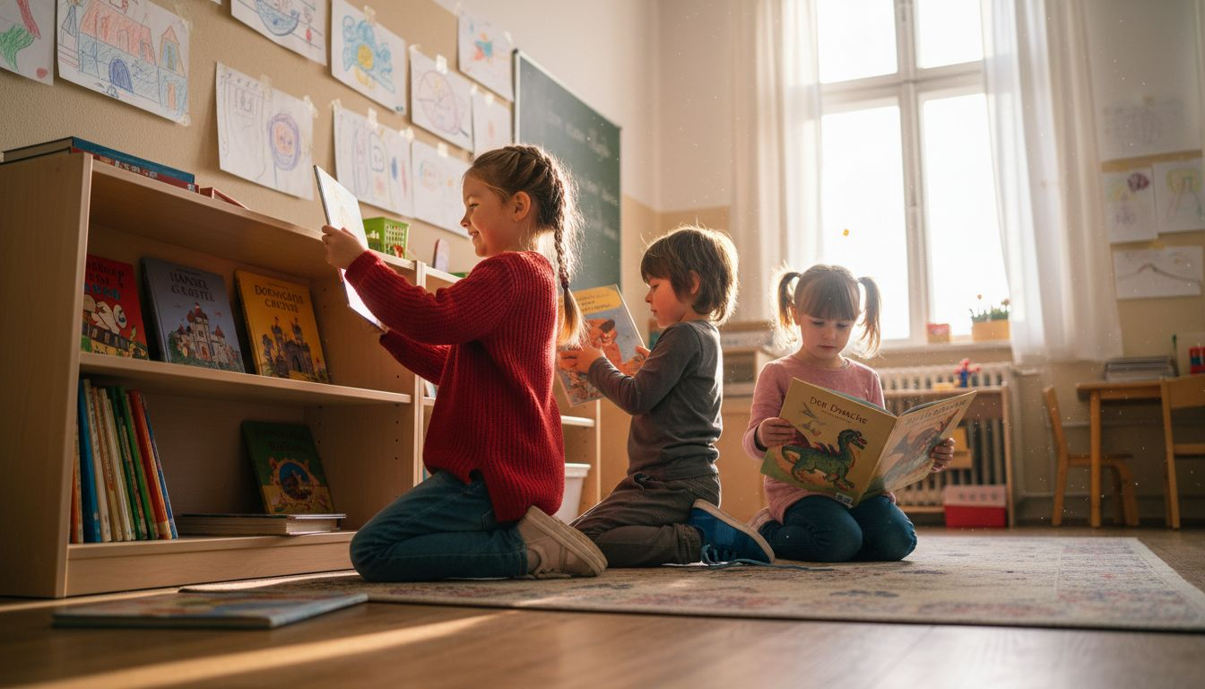 Kinder stöbern begeistert in Märchenbüchern und wählen ihre liebsten Geschichten aus.