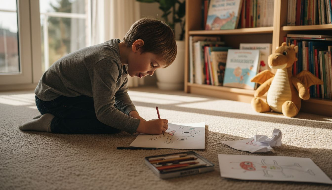 Ein Kind bringt seine fantasievolle Geschichte mit bunten Zeichnungen aufs Papier.