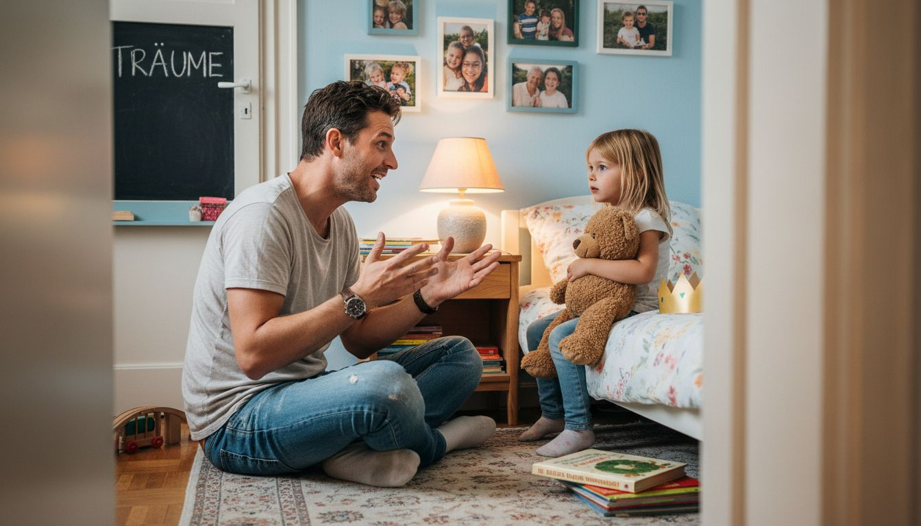 Ein Vater erzählt seiner Tochter abends eine Geschichte in ihrem Kinderzimmer.