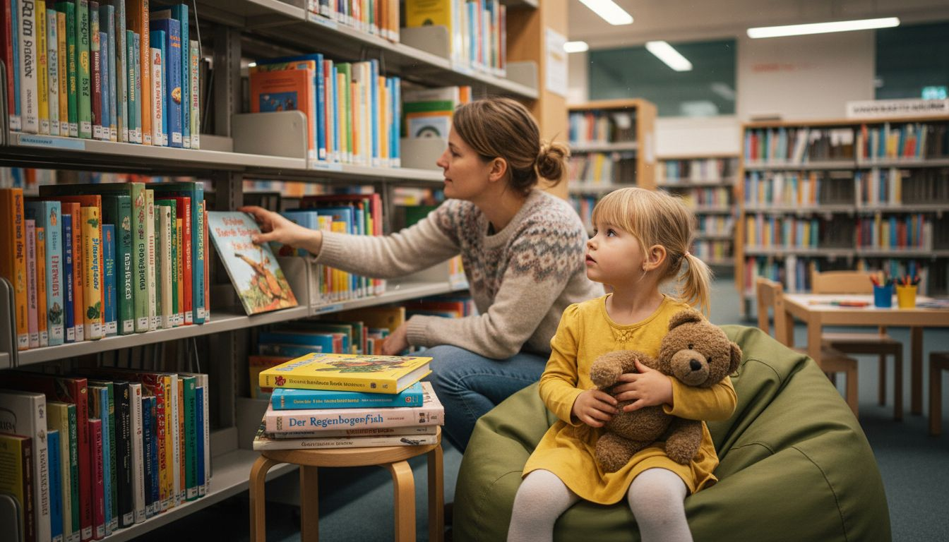 Eine Mutter oder ein Vater stöbert gemeinsam mit dem Kind durch die Regale in der Bücherei und sucht passende Bücher aus.