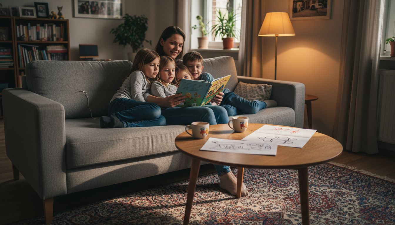 Abends sitzt die ganze Familie gemütlich zusammen auf dem Sofa und liest gemeinsam.