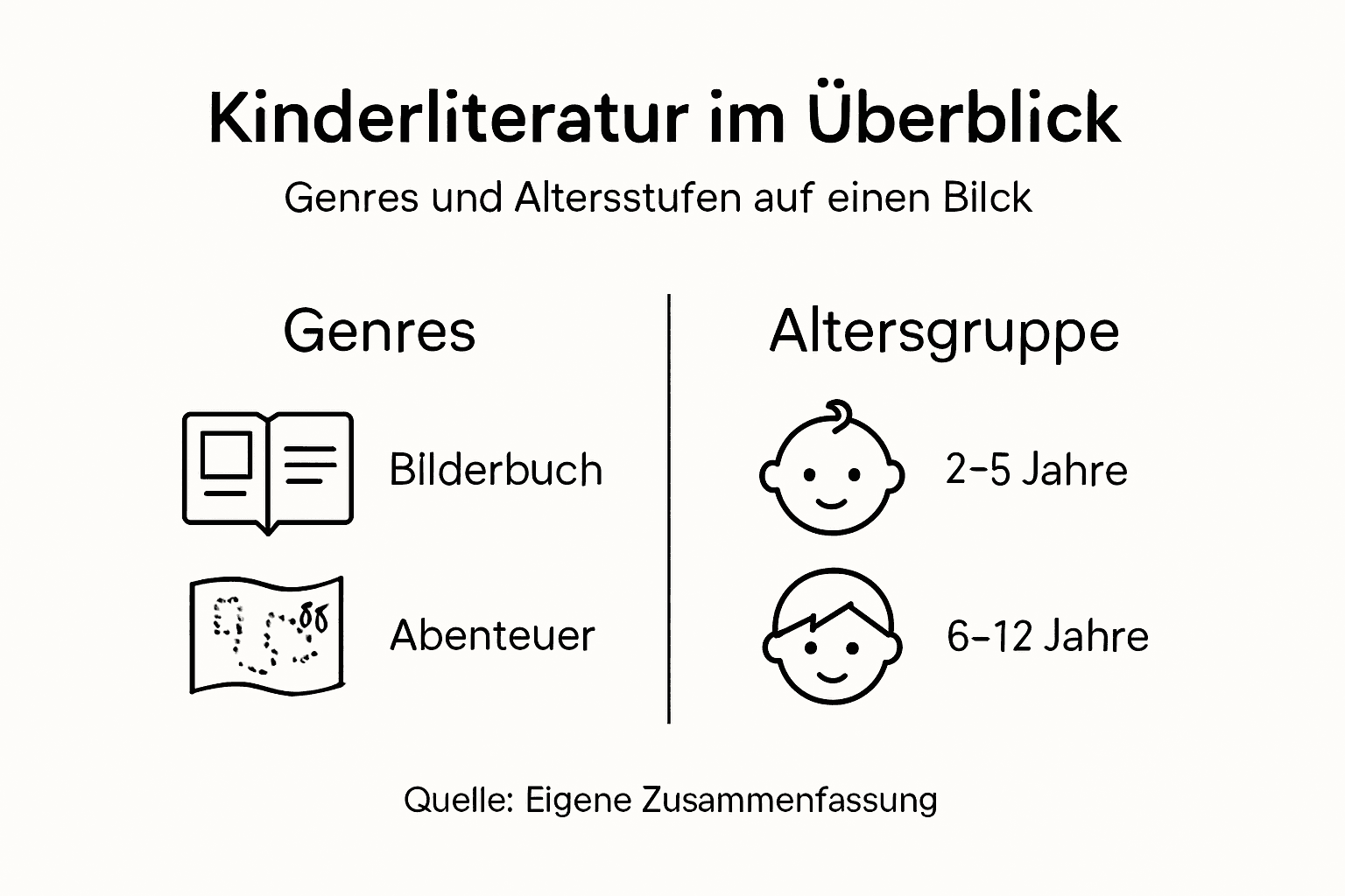 Die Infografik gibt einen Überblick über verschiedene Genres der Kinderliteratur und zeigt, für welche Altersgruppen sie besonders geeignet sind.