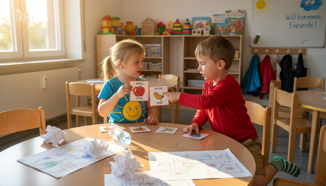 Im Kindergarten tauschen die Kinder gemeinsam bunte Wortkarten in zwei Sprachen aus und entdecken spielerisch neue Wörter.