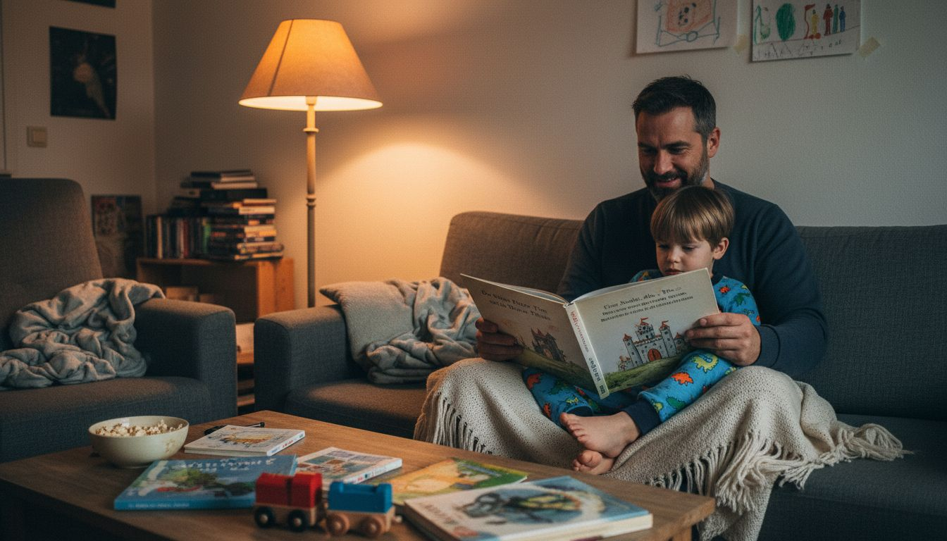 Ein Vater liest seinem Sohn abends eine Gute-Nacht-Geschichte vor.
