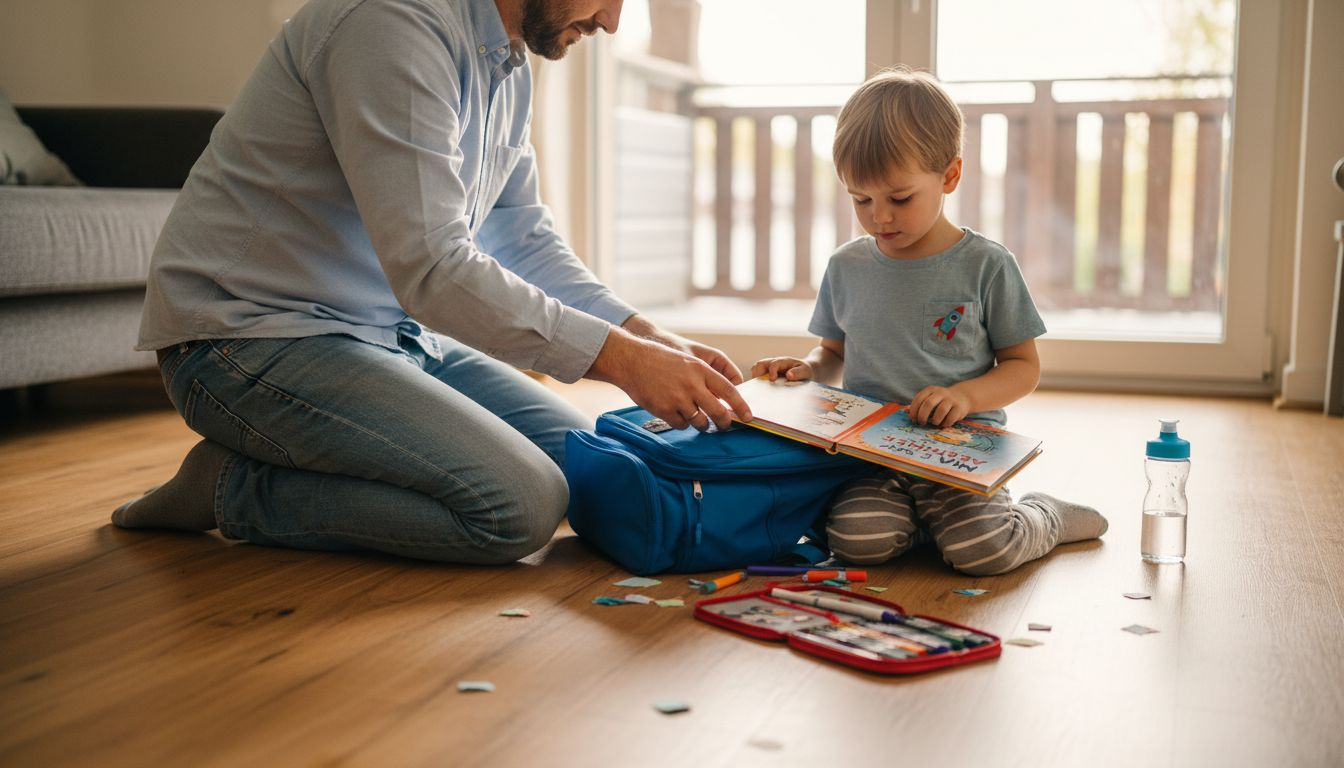 Ein Vater unterstützt sein Kind beim Start ins neue Schuljahr zu Hause.