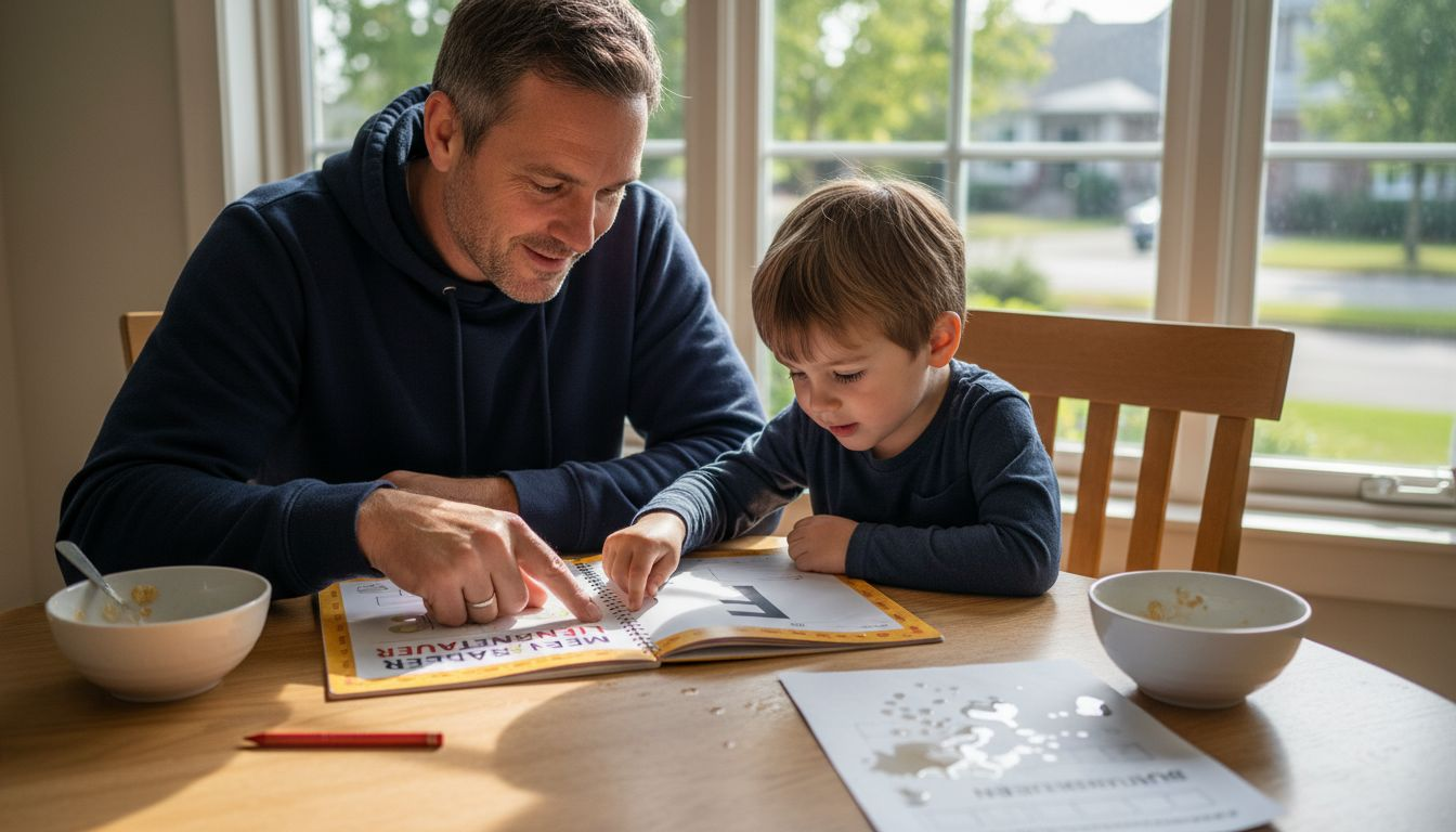 Ein Vater liest gemeinsam mit seinem Sohn eine spannende Lern-Geschichte.