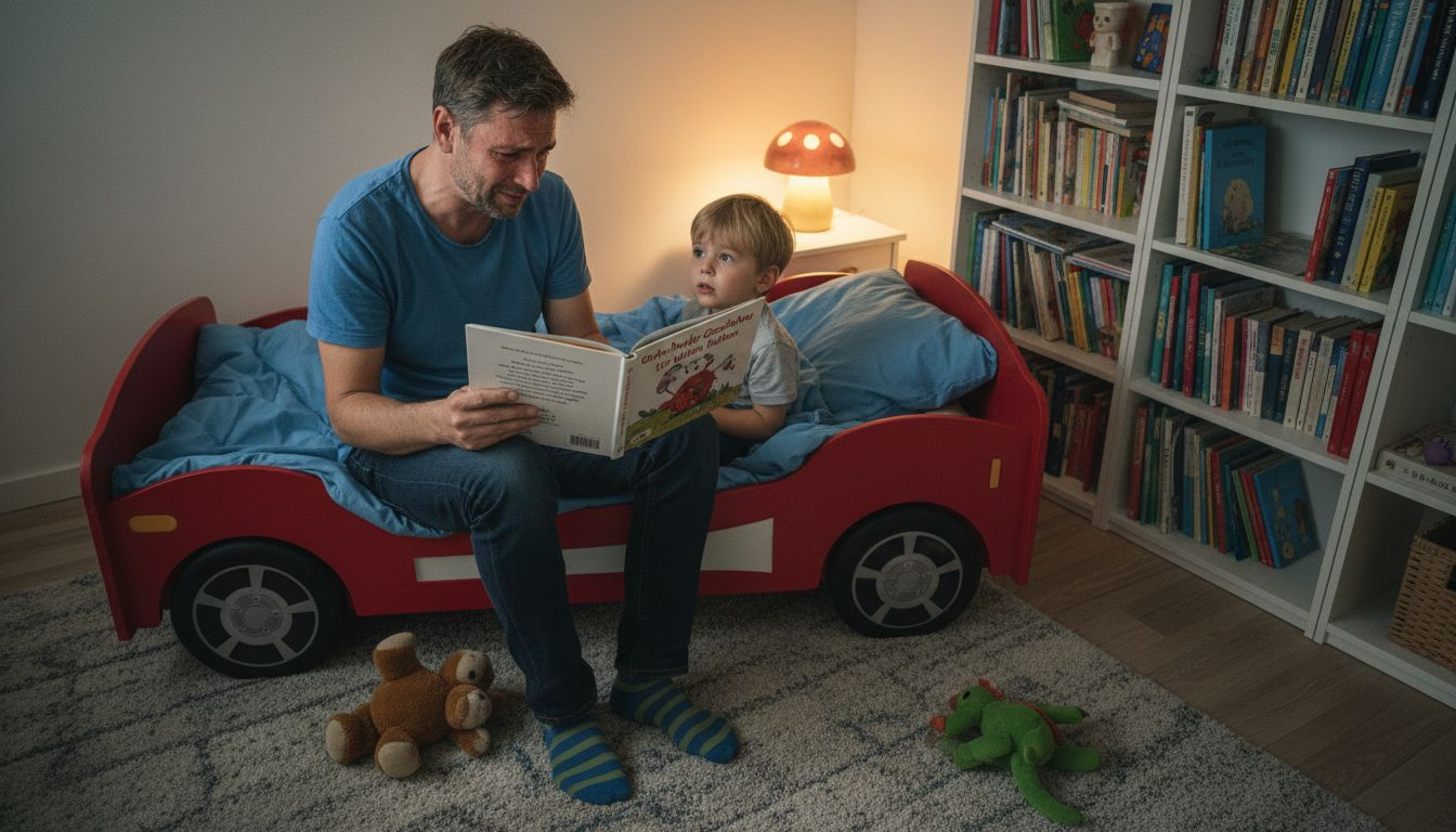 Ein Vater ist sichtlich gerührt, als er eine berührende Kindergeschichte vorliest.