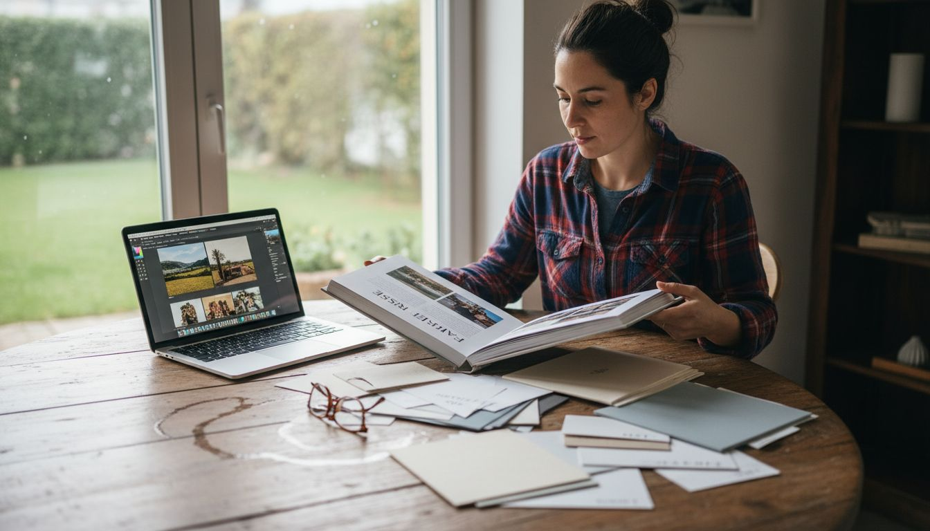 Eine Frau sitzt am Tisch und vergleicht individuell gestaltete Fotobücher.