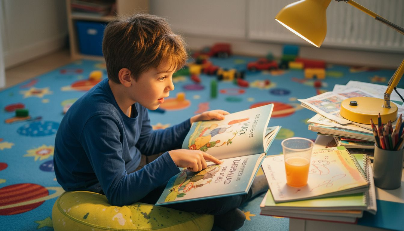 Ein Junge taucht begeistert in sein individuell gestaltetes Lernbuch ein.