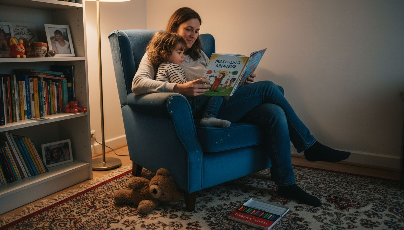 Eine Mutter liest gemeinsam mit ihrem Kind ein Buch.