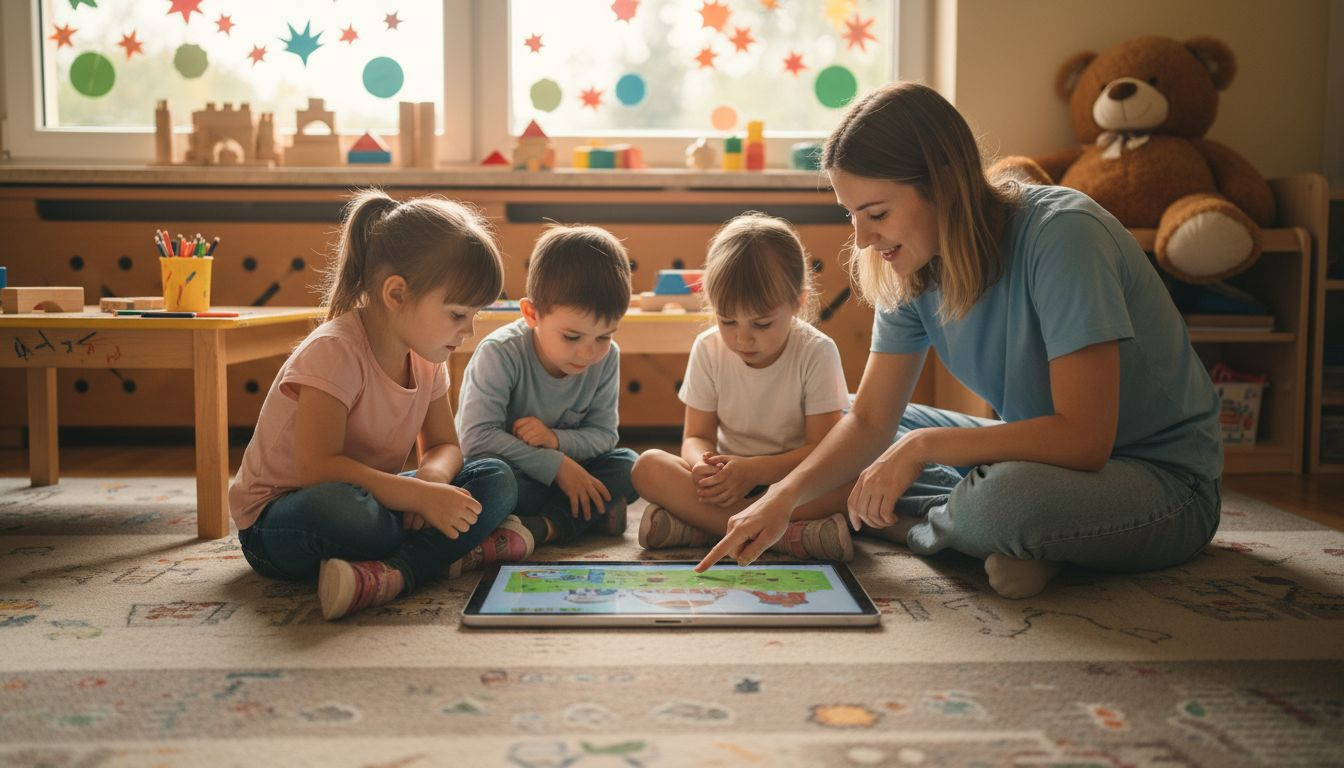 In der Kita entdecken die Kinder gemeinsam ein interaktives Buch und tauchen spielerisch in spannende Geschichten ein.