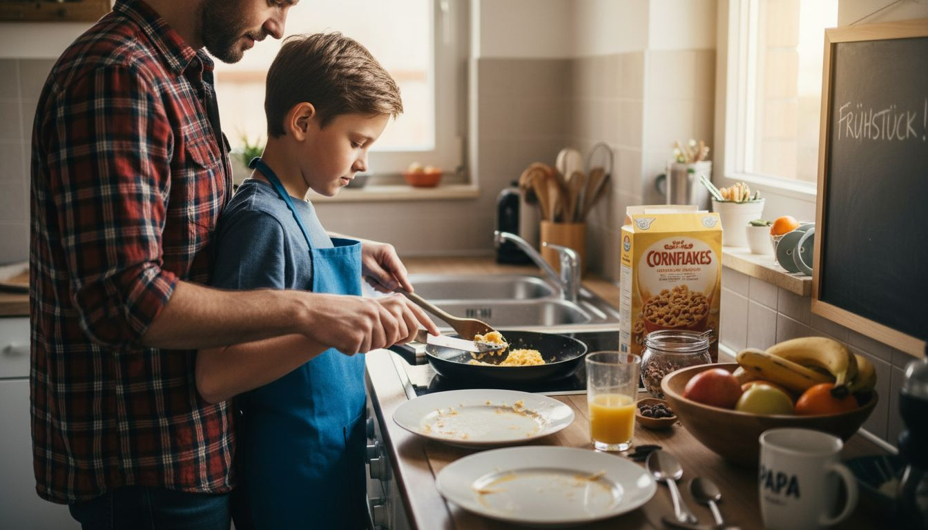 Gemeinsam in der Küche: Vater und Sohn bereiten das Frühstück zu.