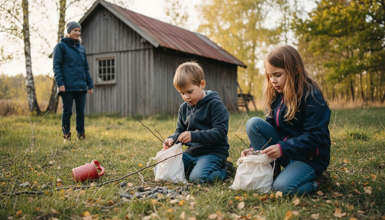 Auf einer Wiese gehen Kinder auf Entdeckungstour und sammeln allerlei Schätze aus der Natur.