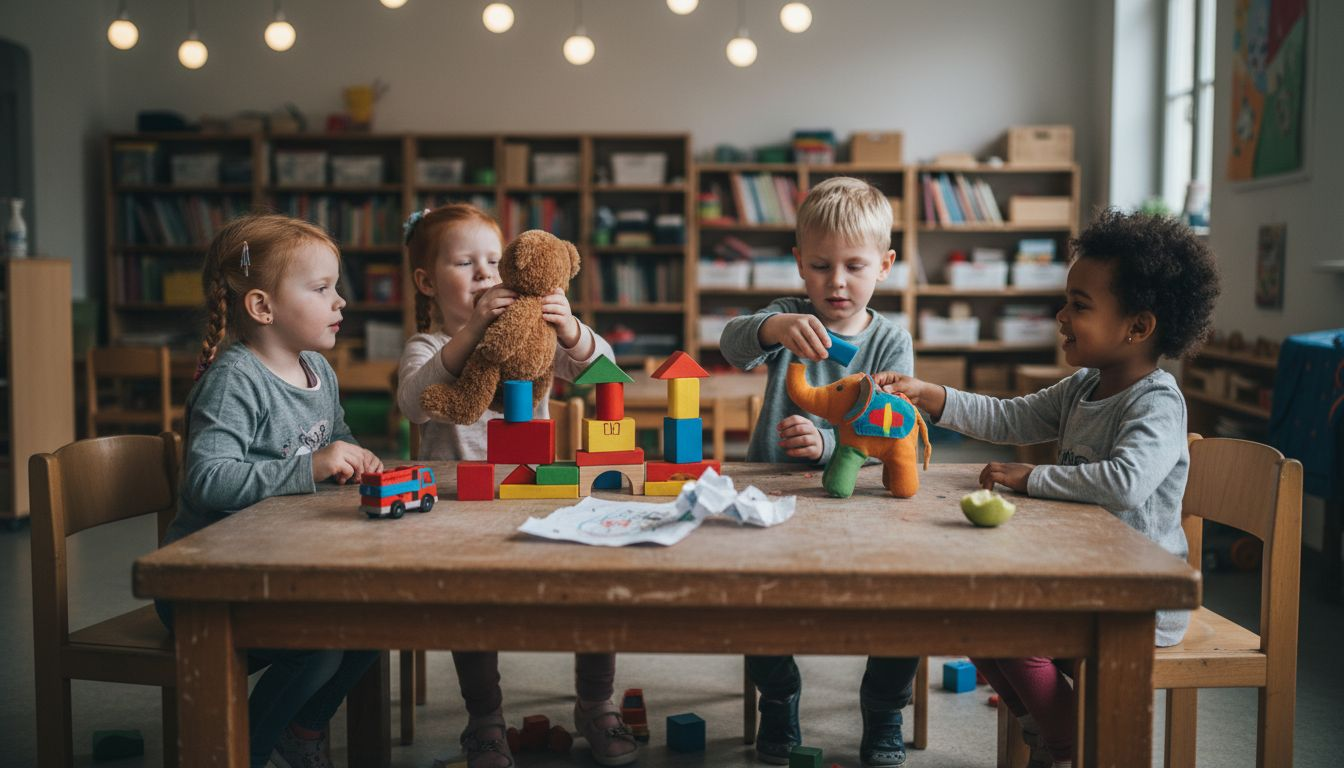 Kinder vertiefen sich ins Rollenspiel am Tisch
