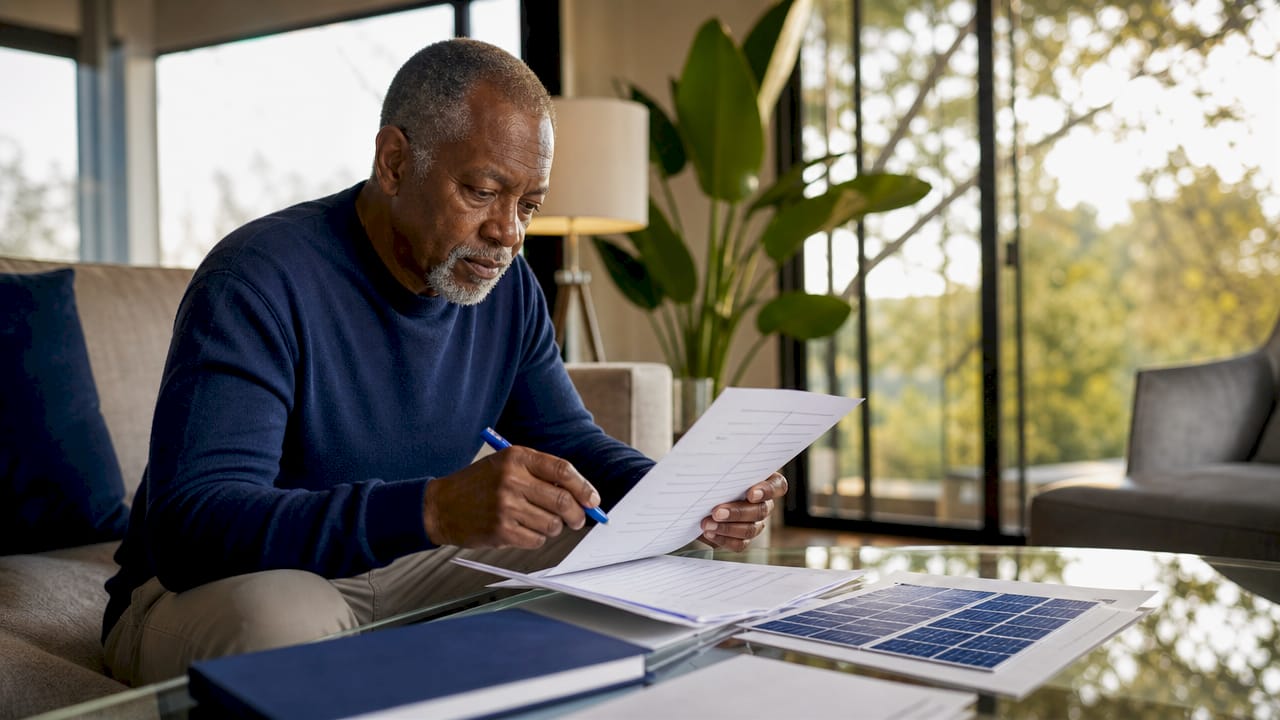 Hands reviewing solar panel warranty papers